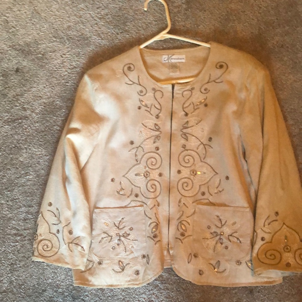 Dress Barn Large jacket. Tan w/wht and brn embroidery and silver embellishments